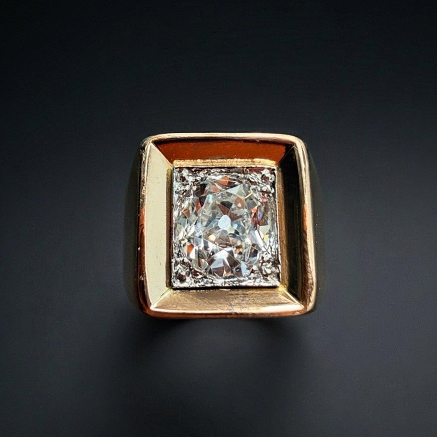 French 18K yellow gold 1.5ct old mine cut diamond signet ring