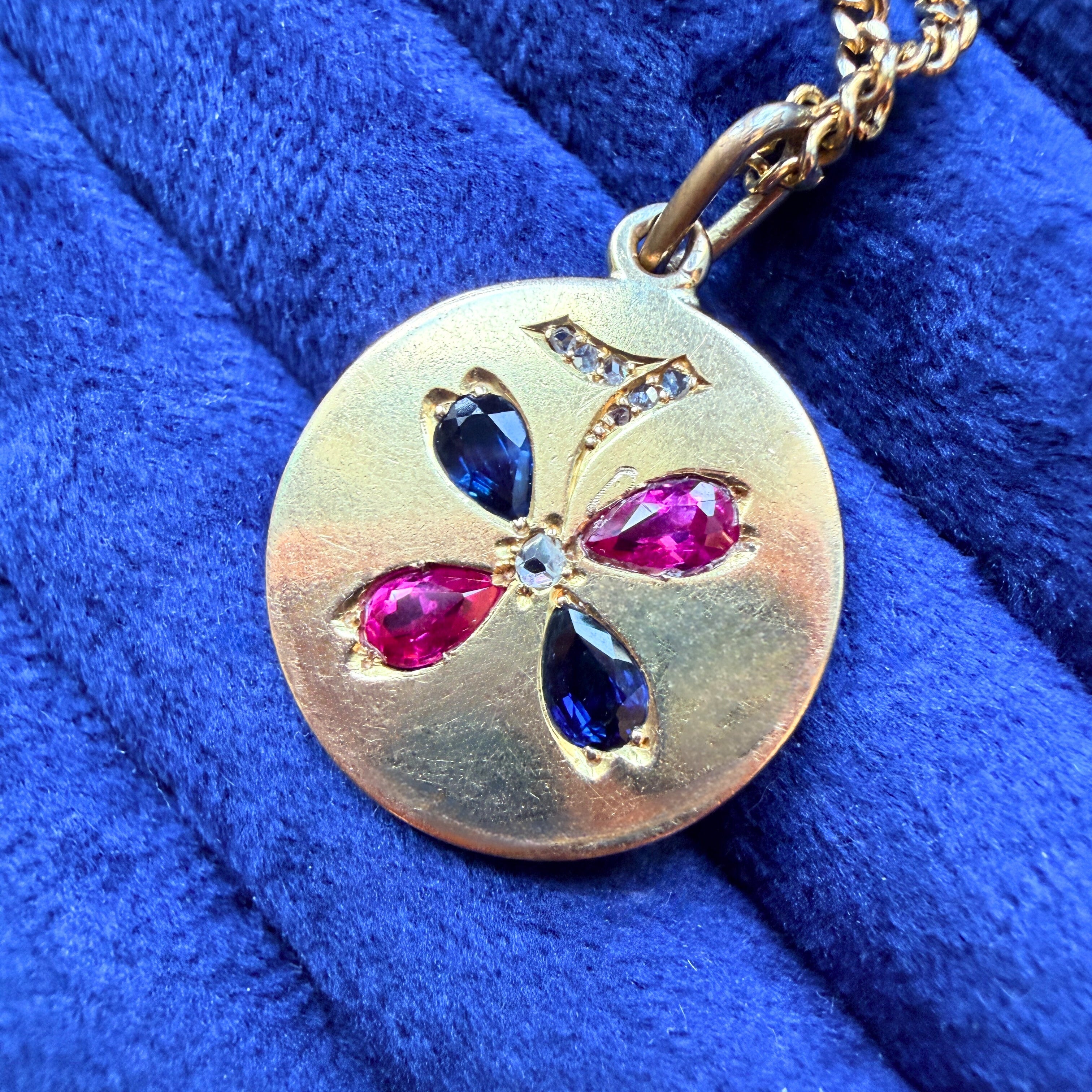 Antique 18K yellow gold gemstone clover “7” pendant