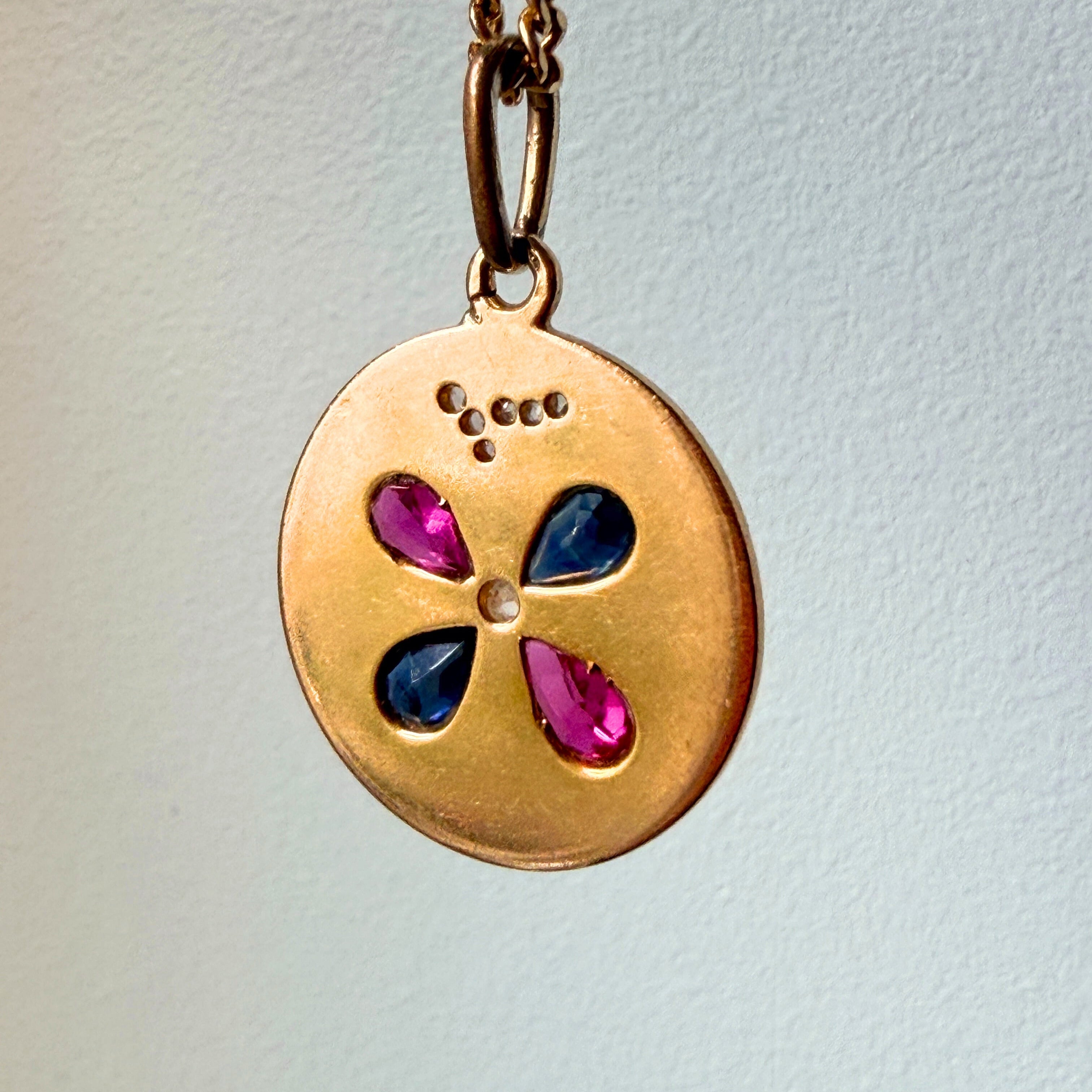 Antique 18K yellow gold gemstone clover “7” pendant