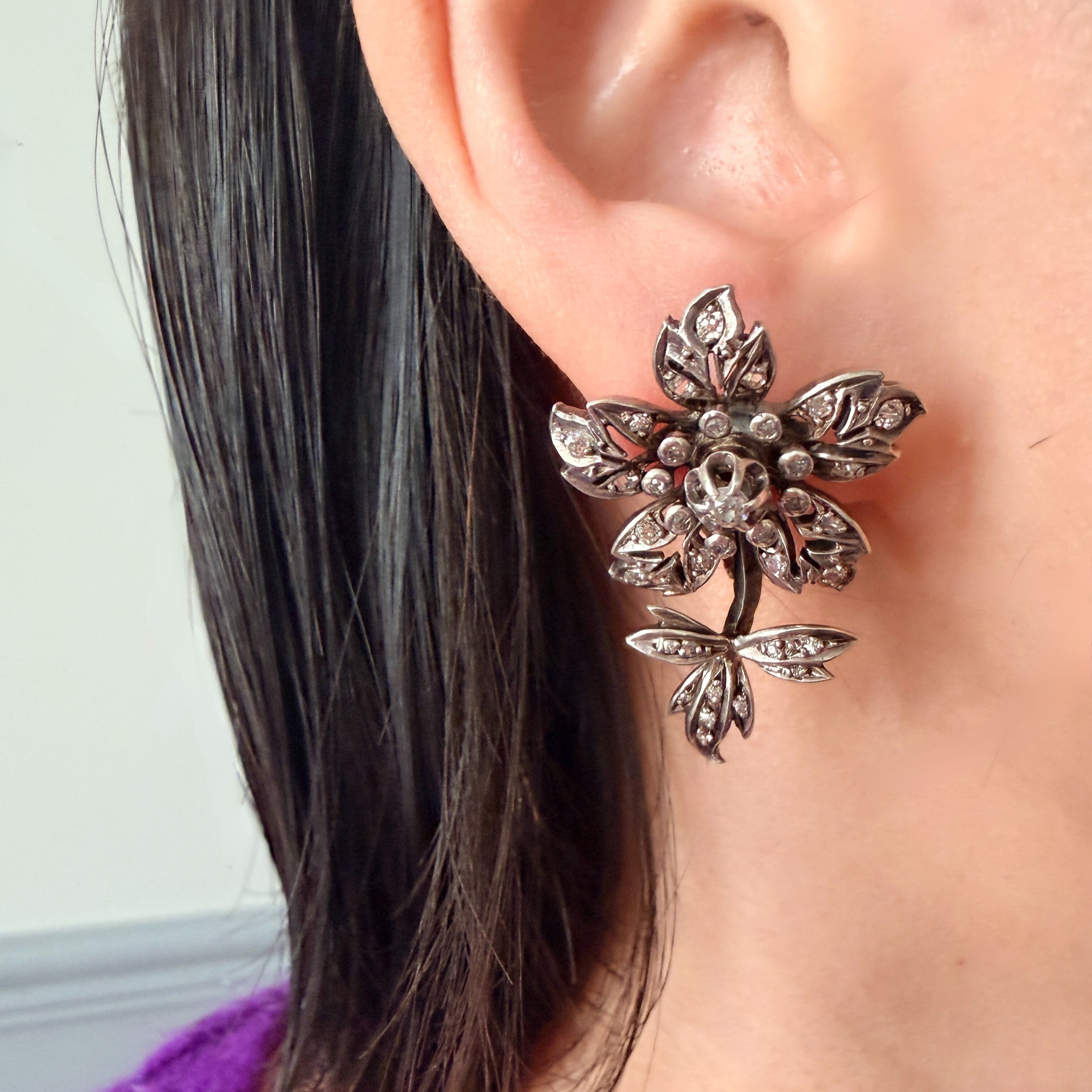 Victorian era 18K gold diamond Flower Earrings