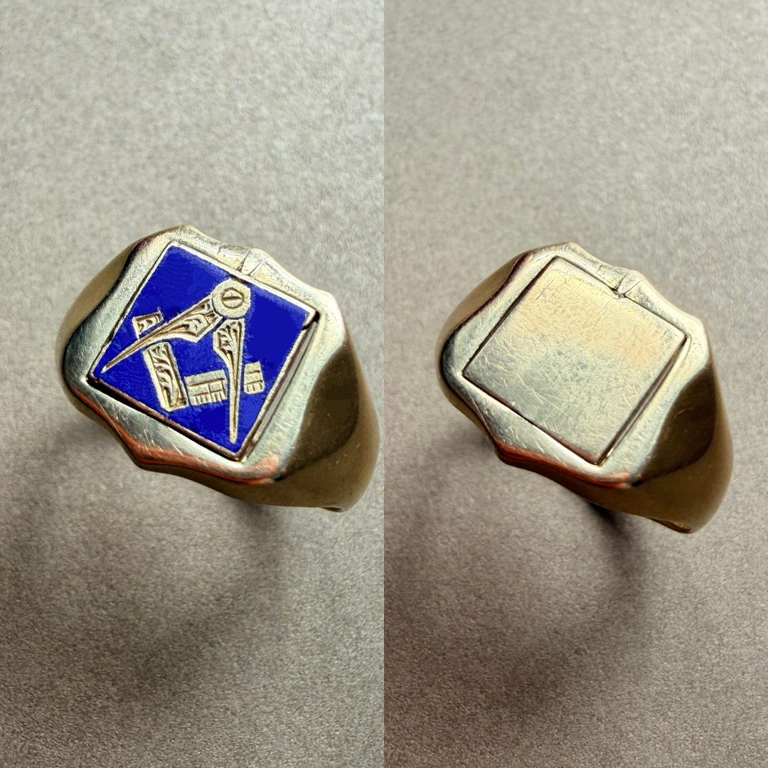 Antique 18K yellow gold enamel masonic pivot signet ring