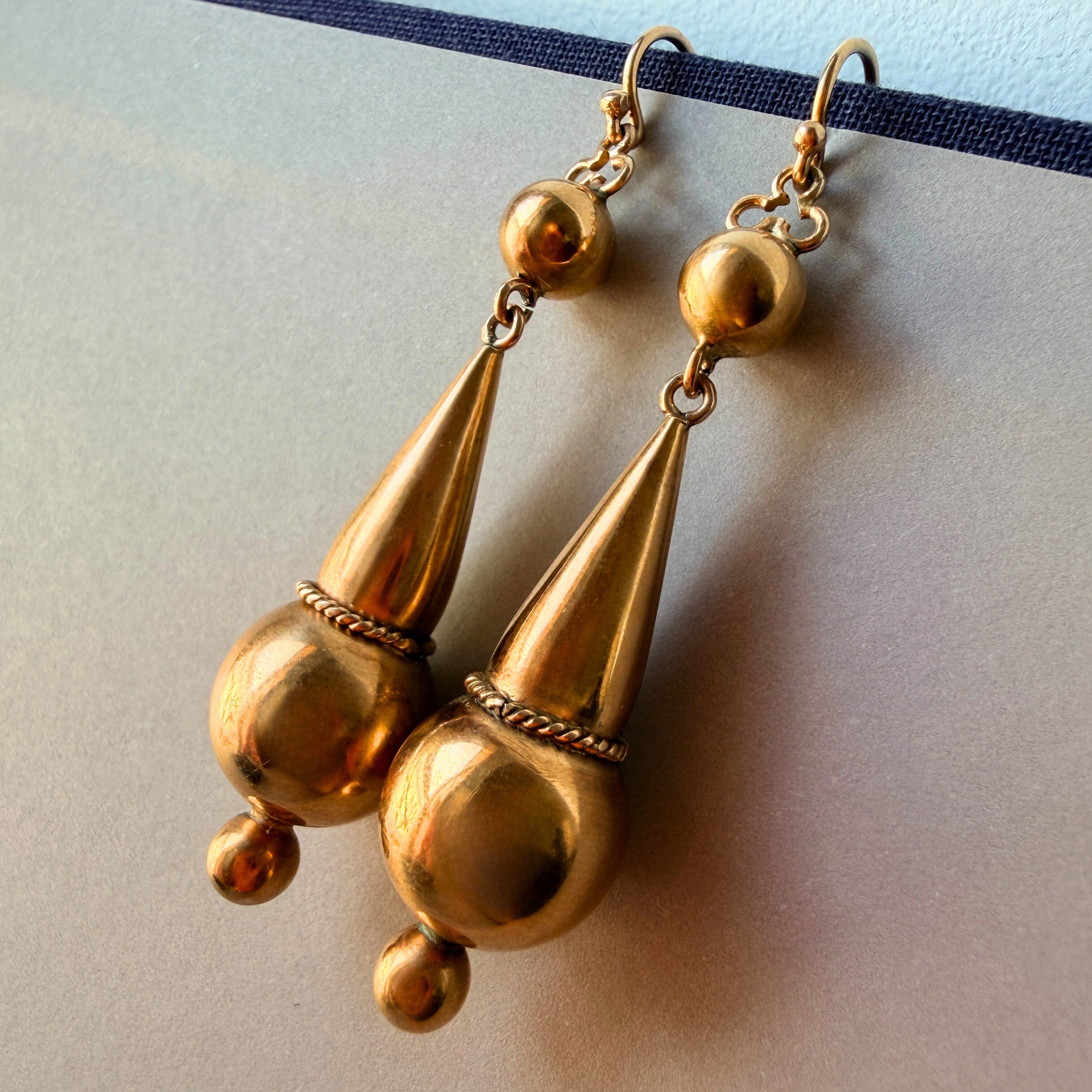 Victorian Etruscan Revival 9K gold Drop Earrings 