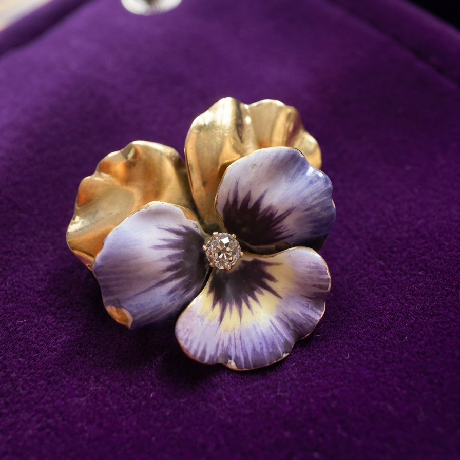 Victorian 18K gold enamel diamond pansy flower brooch