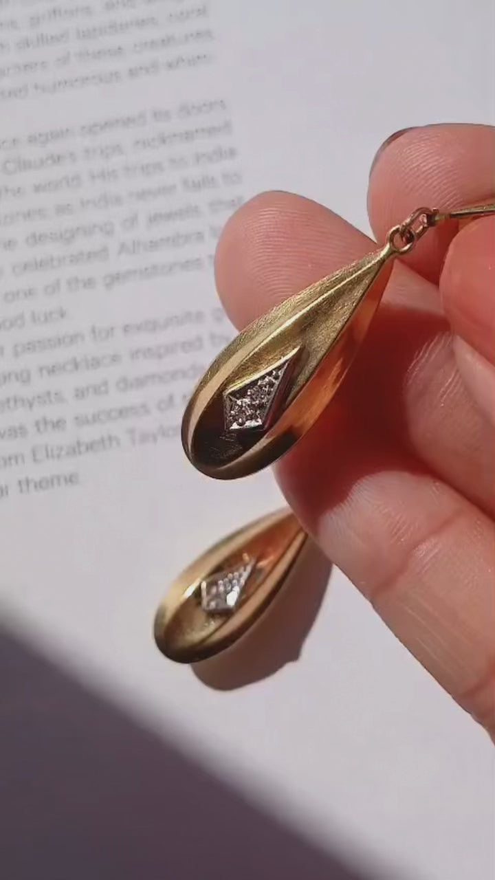 18K Yellow Gold Textured Teardrop Diamond Earrings