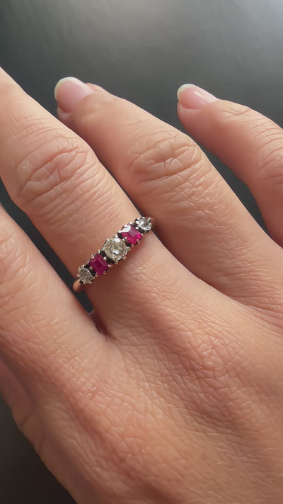 Antique French 18K Gold Diamonds & Rubies garter ring