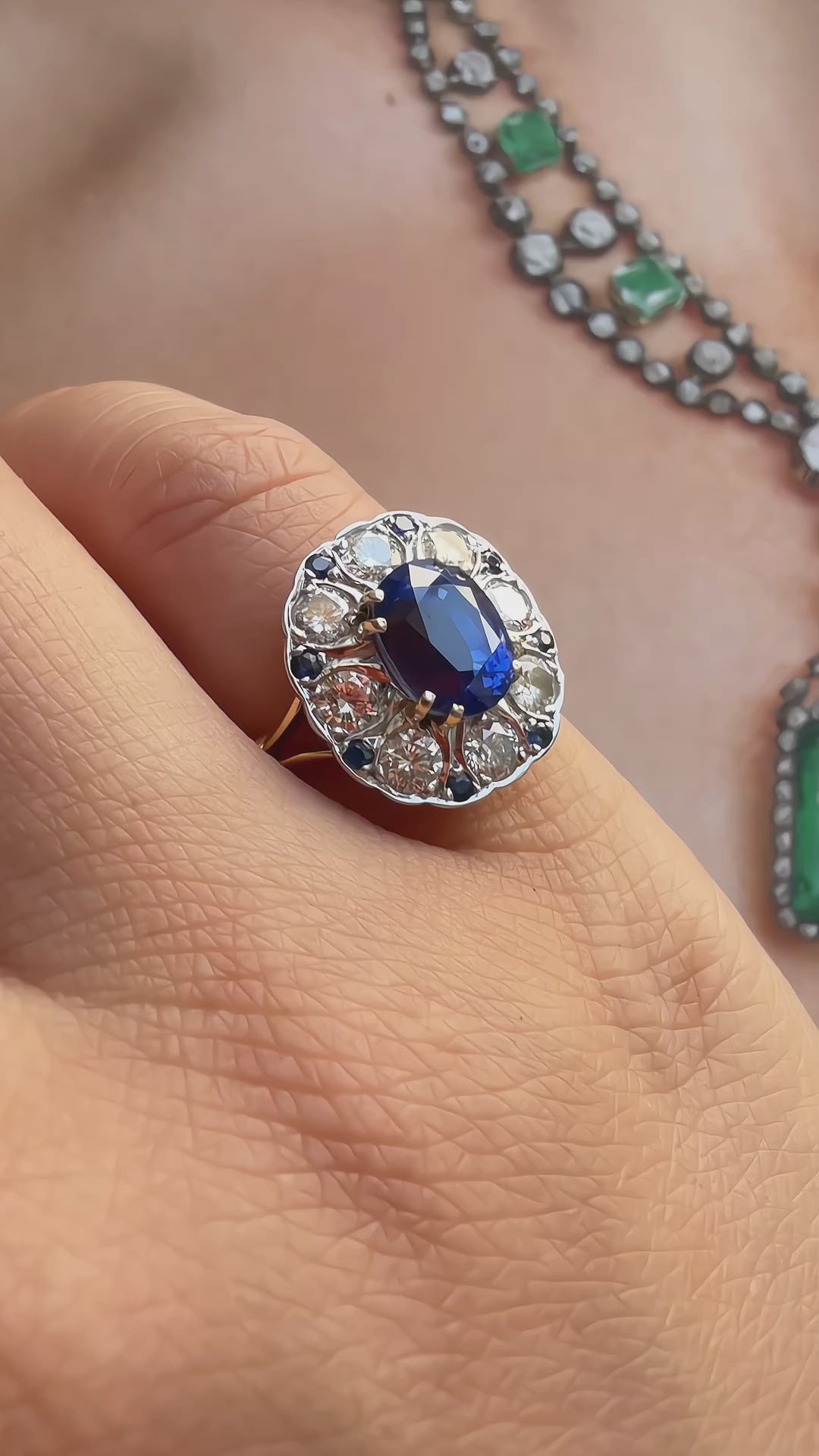 French Vintage 18K Gold Natural Sapphire & Diamond Floral Ring