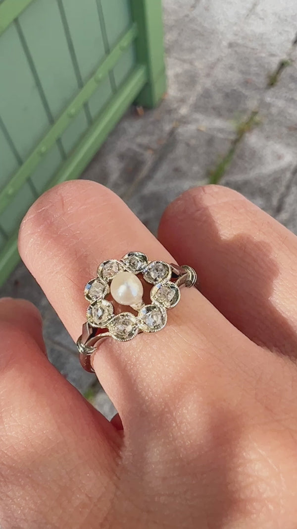 Antique 18K gold natural pearl diamond cluster ring