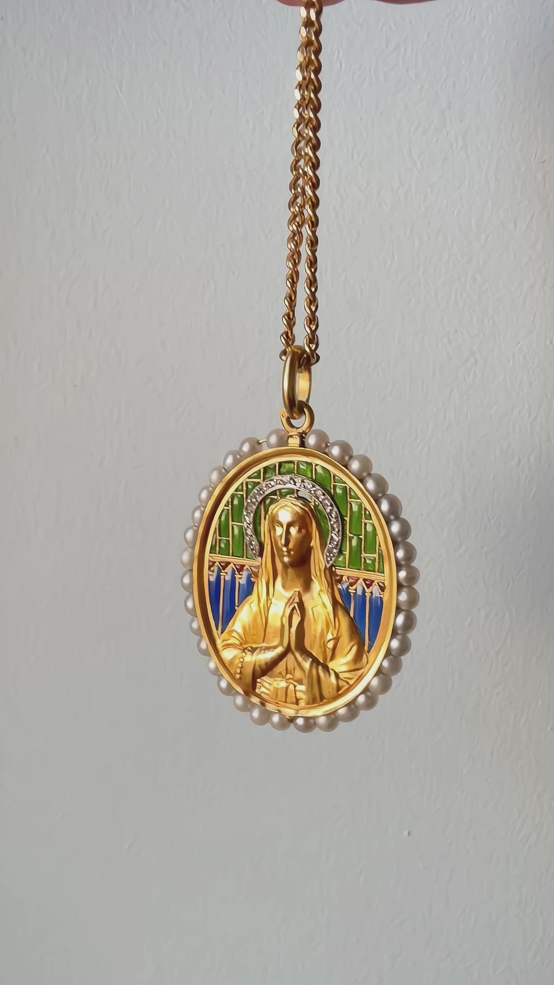 Antique 18K gold diamond pearl plique a jour enamel Virgin Mary medal pendant
