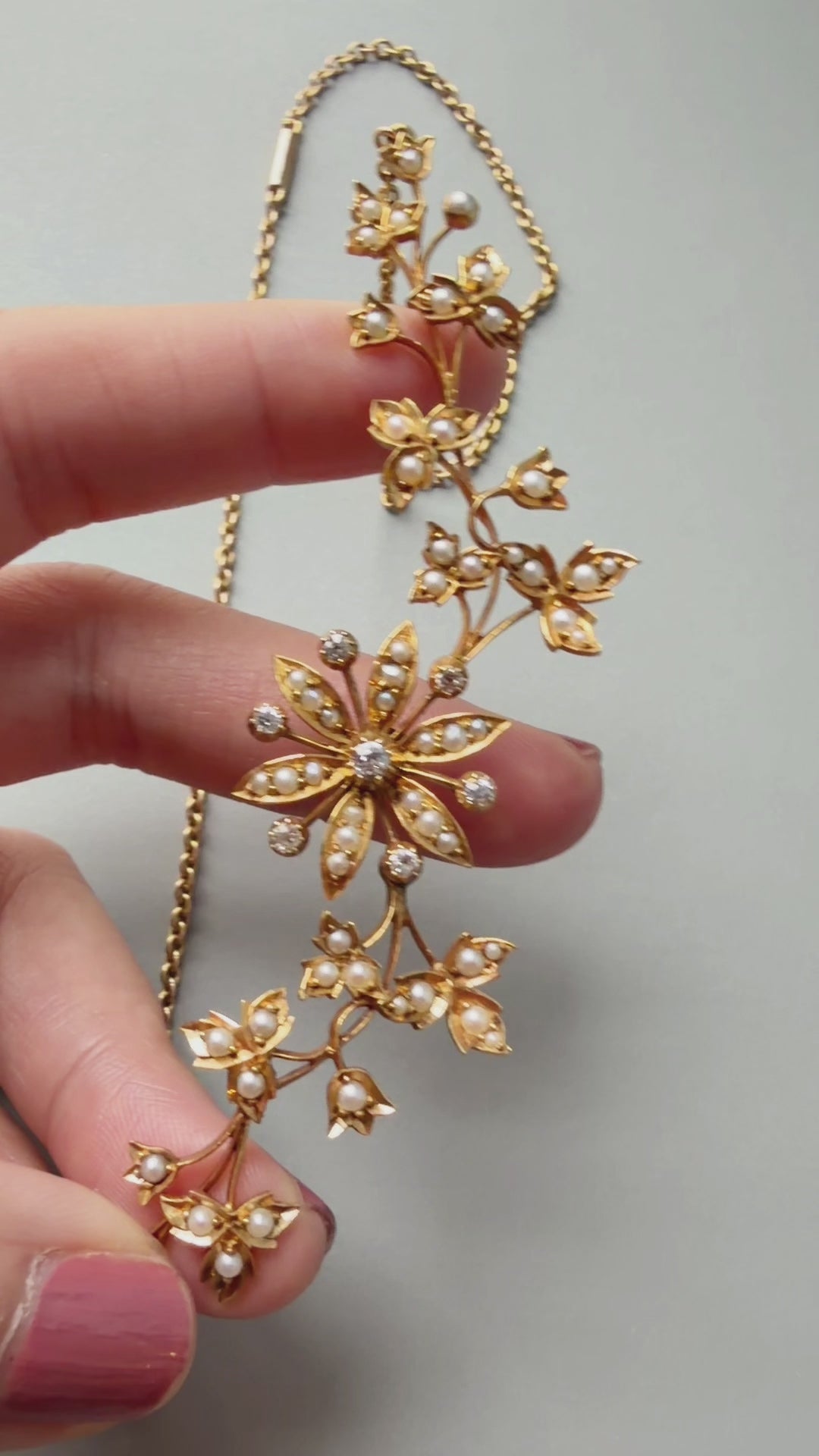 Victorian 14K Gold Diamonds Pearls flower necklace