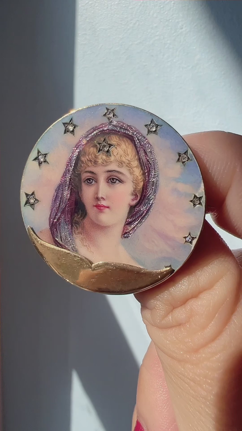 19th Century 18K Gold Miniature Portrait Brooch with diamond stars