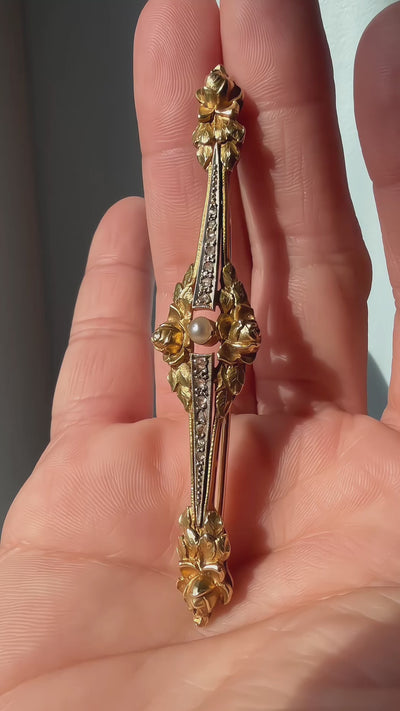 Art Nouveau French 18K Gold Pearl & Diamond rose flower Brooch