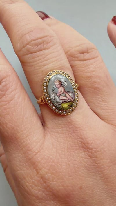 Victorian era 18K gold cherub riding a goat pearl ring