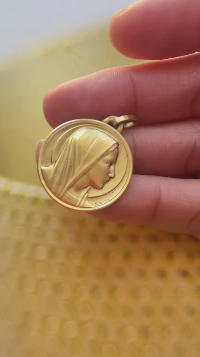 French antique 18K gold Virgin Mary medal pendant signed by GRUN
