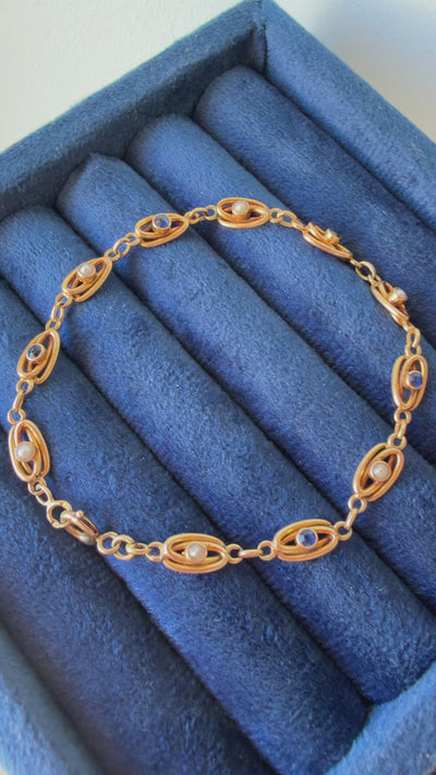 Antique 18k yellow gold blue sapphire pearl link bracelet