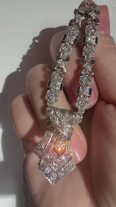 Art Deco French work 18K gold platinum diamond sapphire necklace