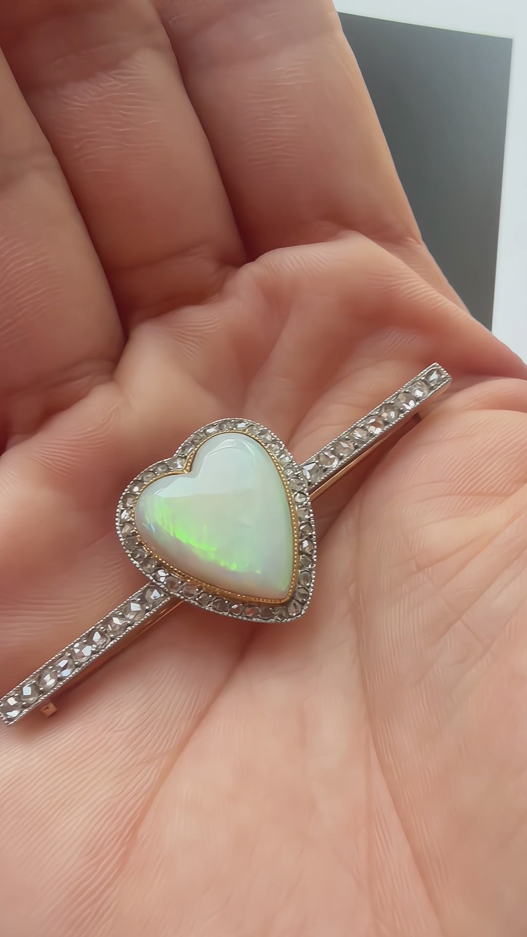 Victorian era 18K gold Opal Heart & Diamond Brooch