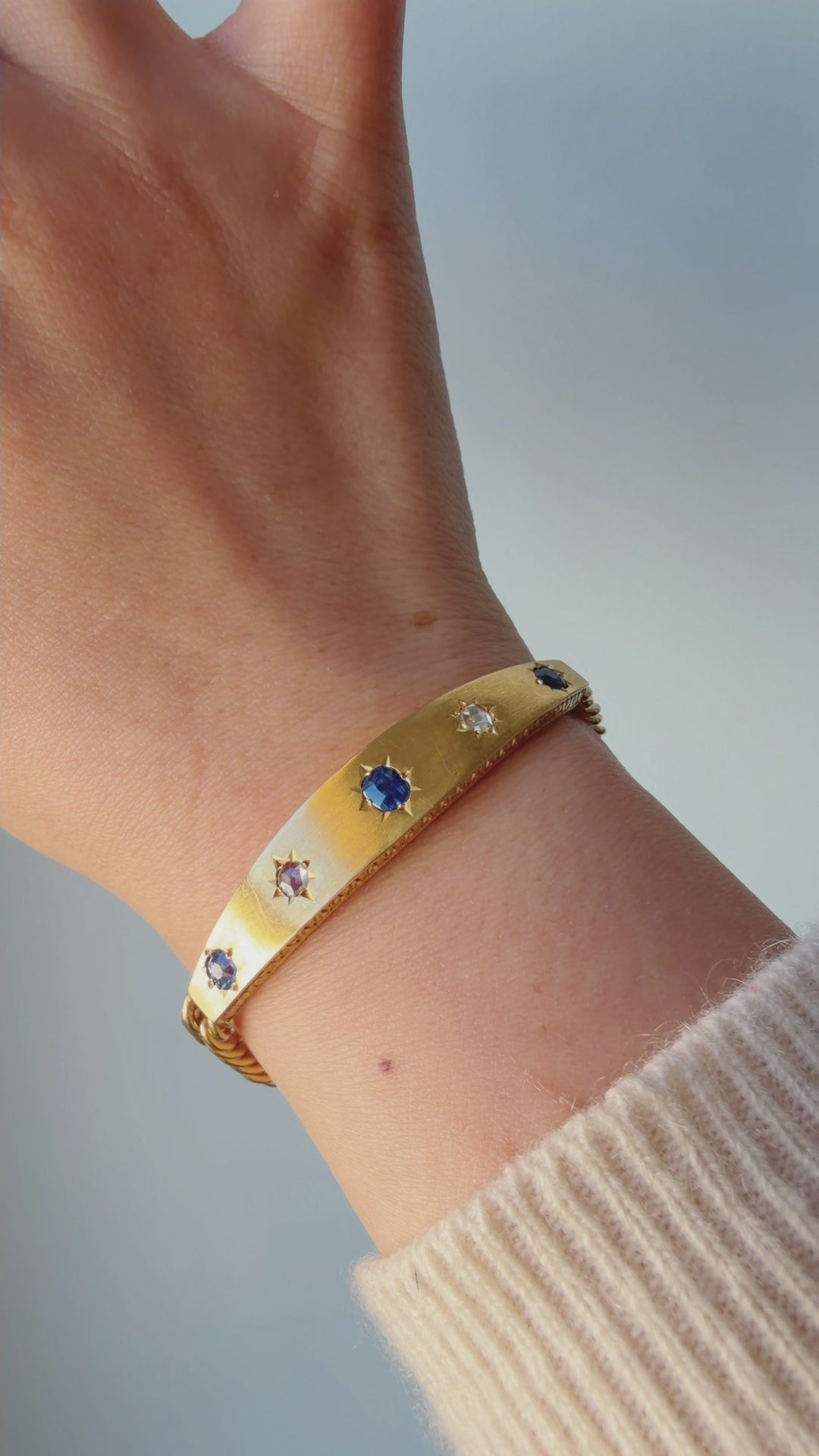 French antique 18K gold blue sapphire & diamond star curb link bracelet