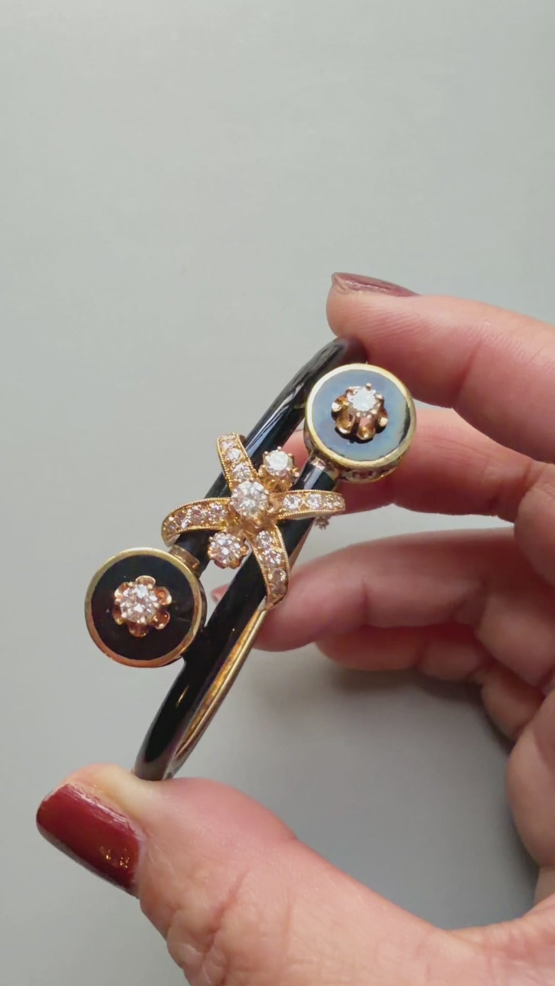 Vintage 14K Yellow Gold Black Enamel Diamond Bow Bangle Bracelet