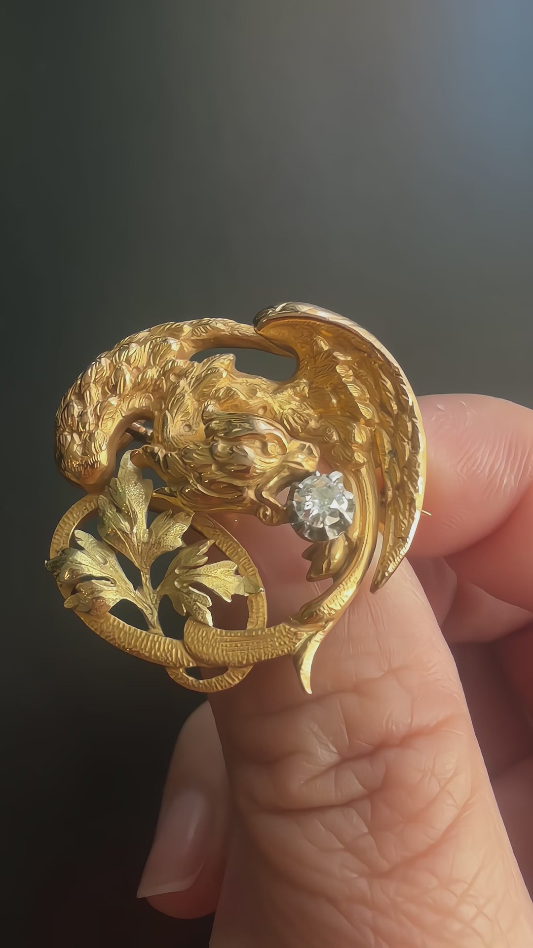 French Art Nouveau 18K gold diamond chimera brooch