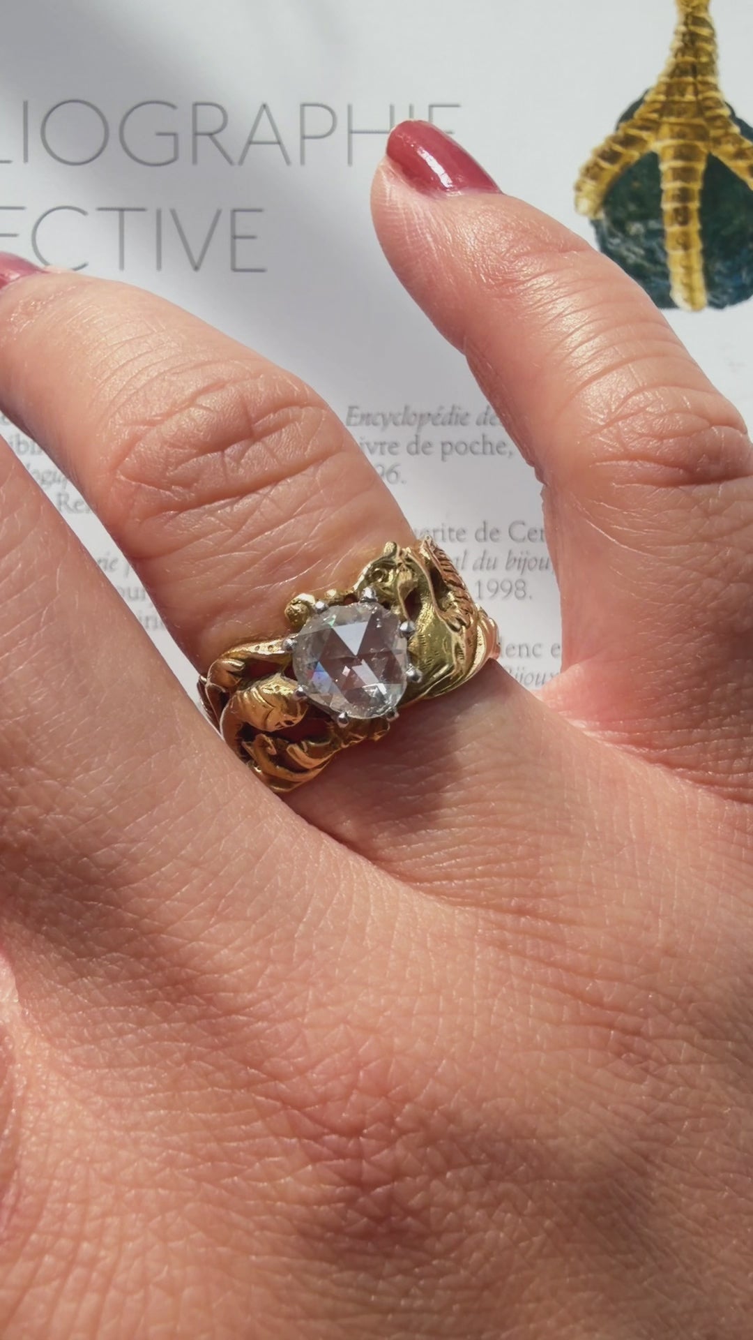 French Art nouveau 18K gold chimera snake diamond ring