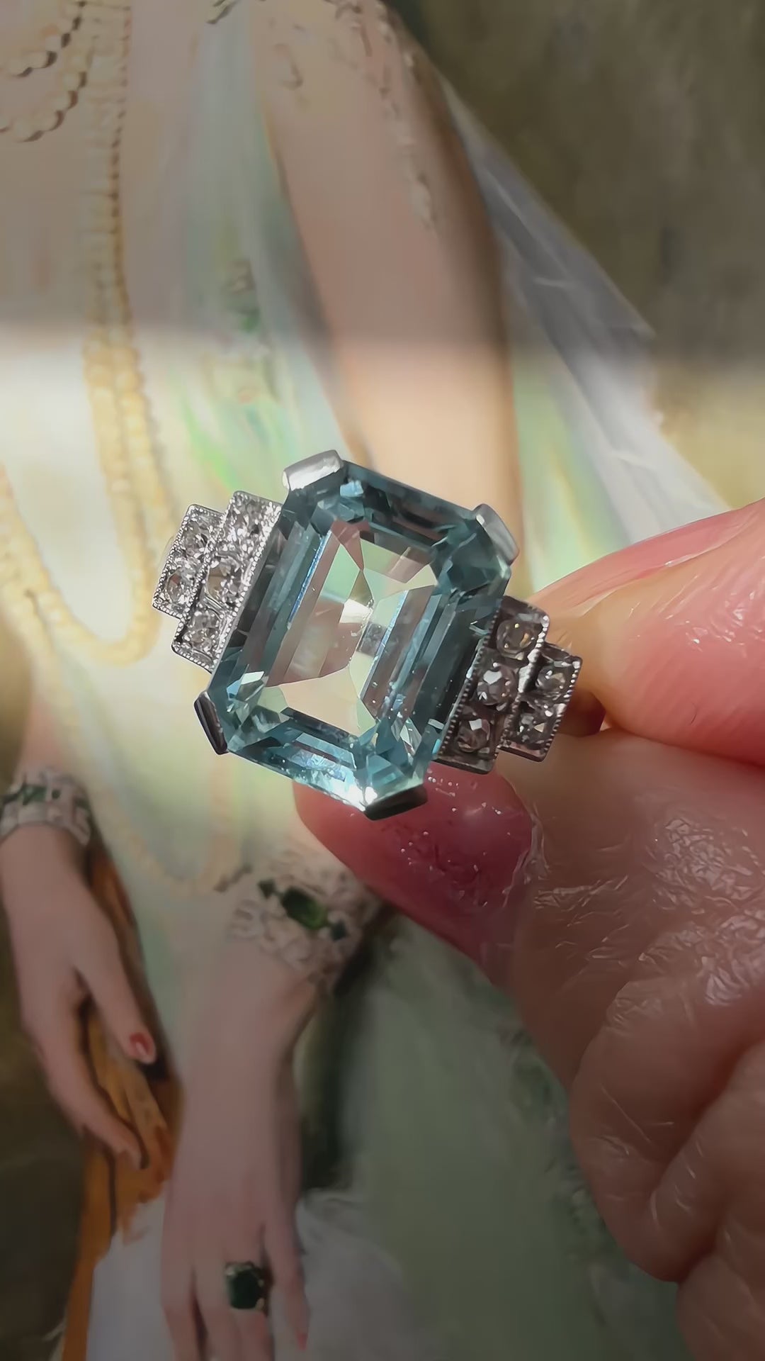 French Art Deco Aquamarine, Diamond, Platinum & 18K White Gold Ring