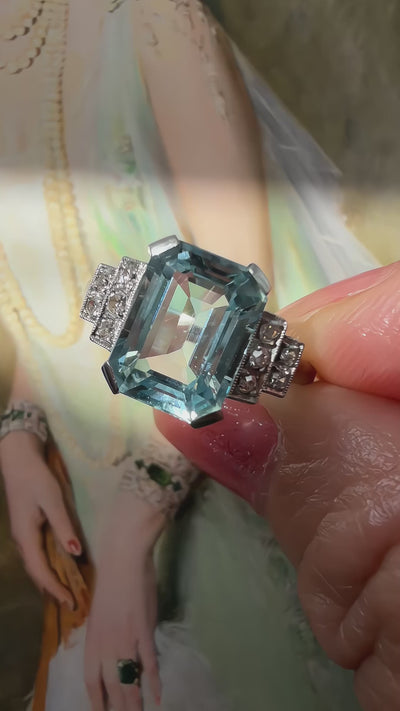 French Art Deco Aquamarine, Diamond, Platinum & 18K White Gold Ring