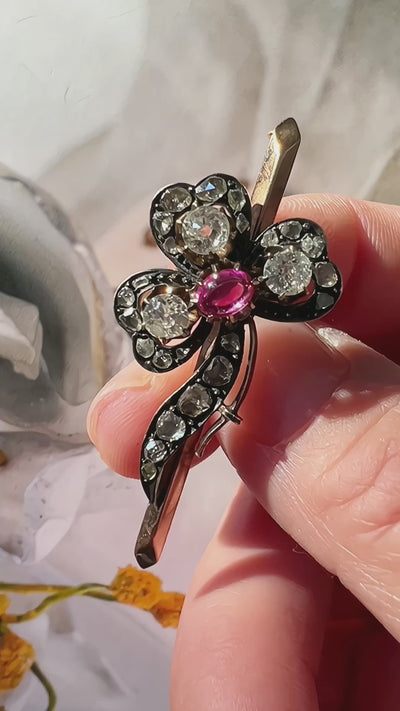 Victorian era diamond ruby flower brooch