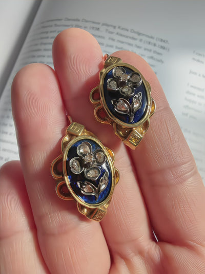 Victorian 18K Gold blue enamel diamond flower earrings