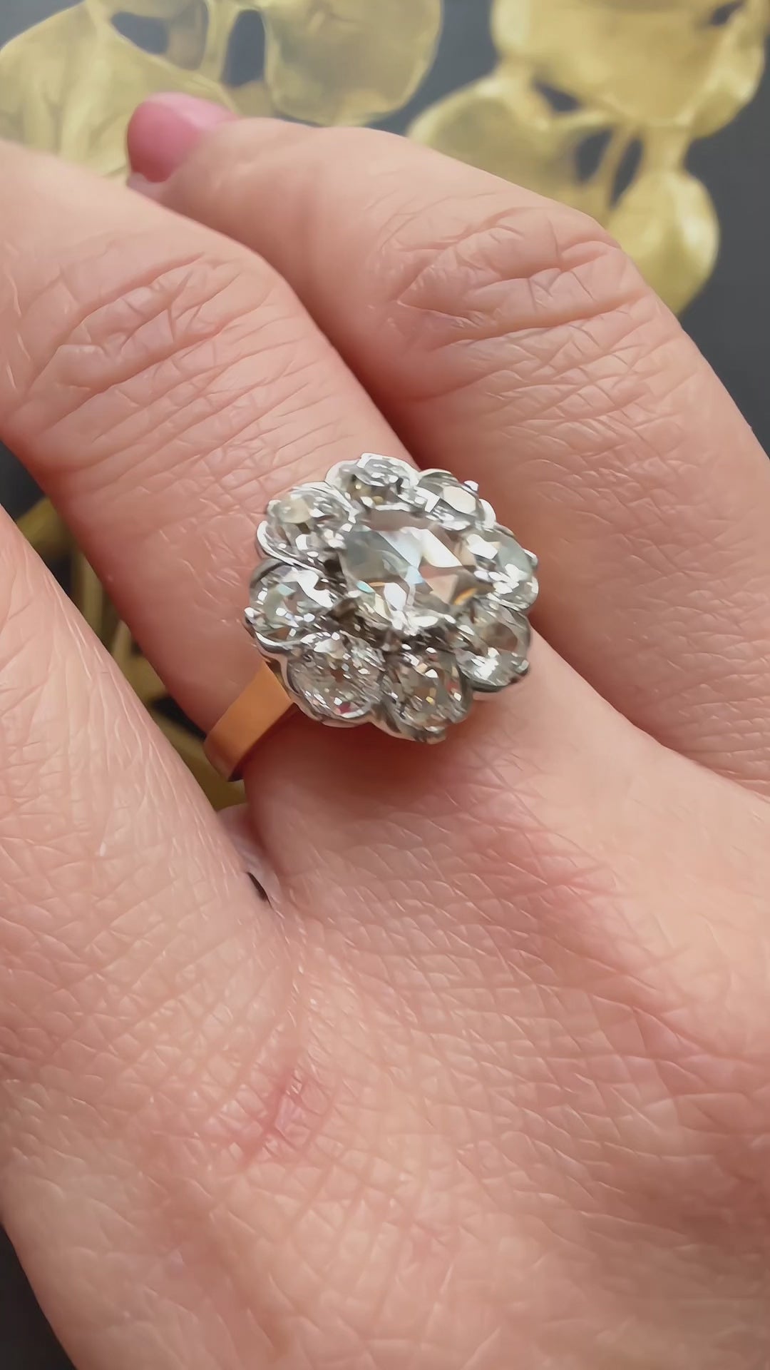 Antique French 18K gold rose & OMC cut diamond cluster ring