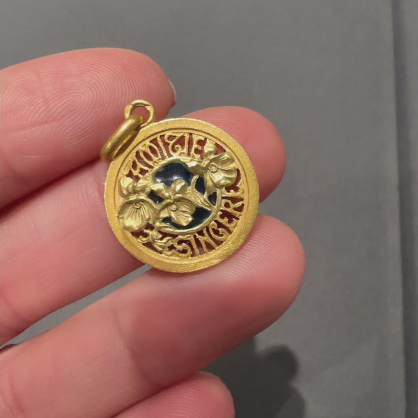 French Art Nouveau era 18K gold plique à jour enamel pendant