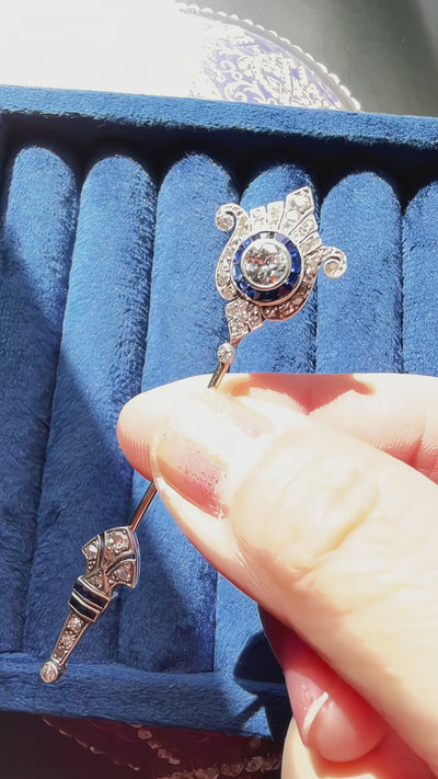 French Art Deco Diamond & Sapphire Jabot Pin in 18K White Gold