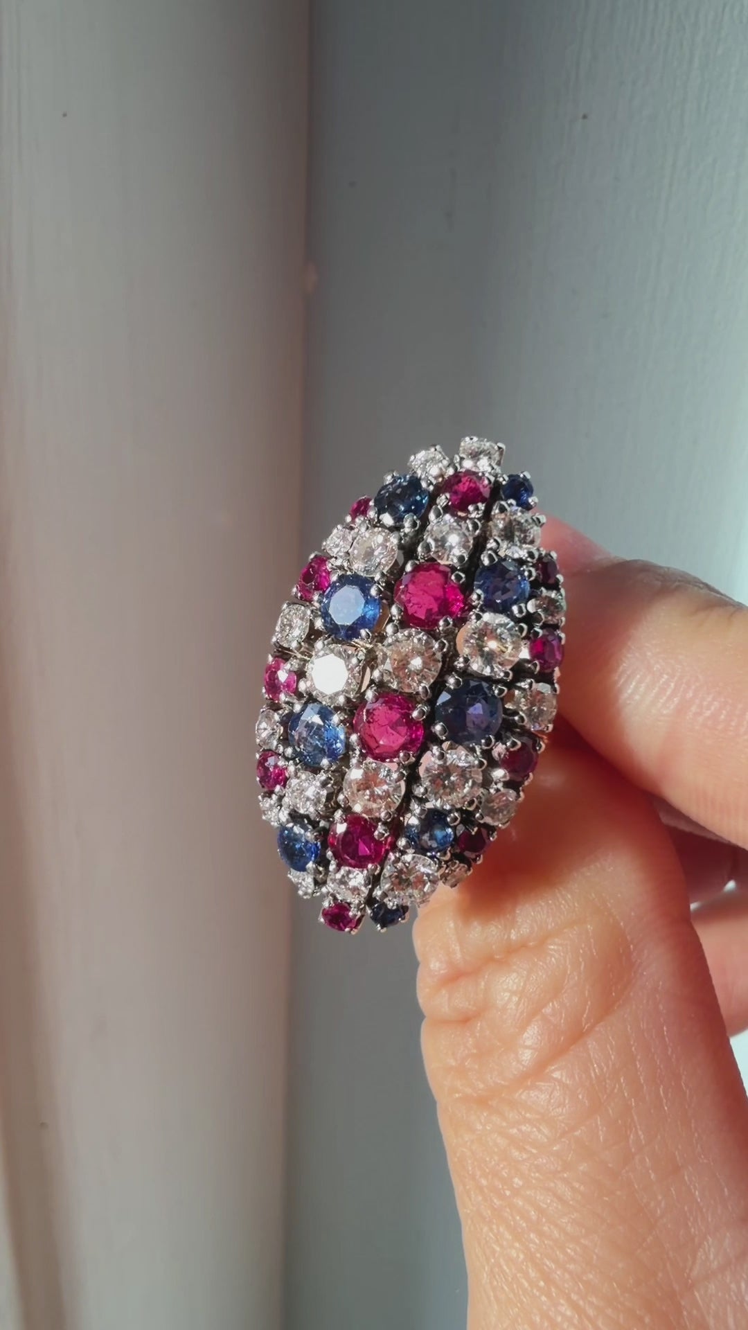 French Vintage 18K Gold Diamonds, Sapphires & Rubies marquise ring