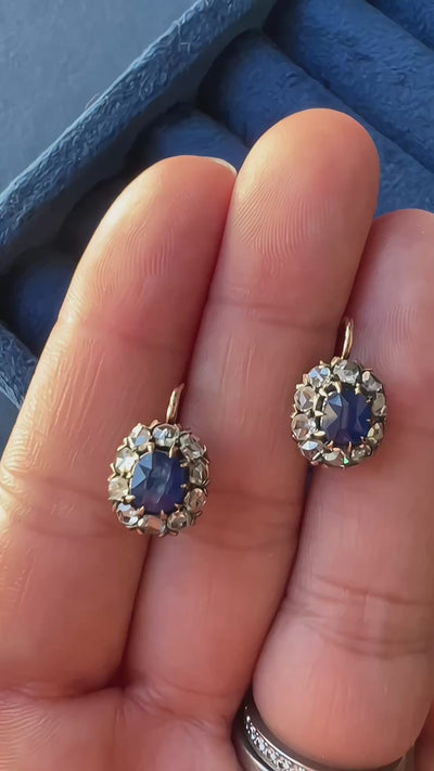 14k gold rose cut diamond and blue sapphires earrings