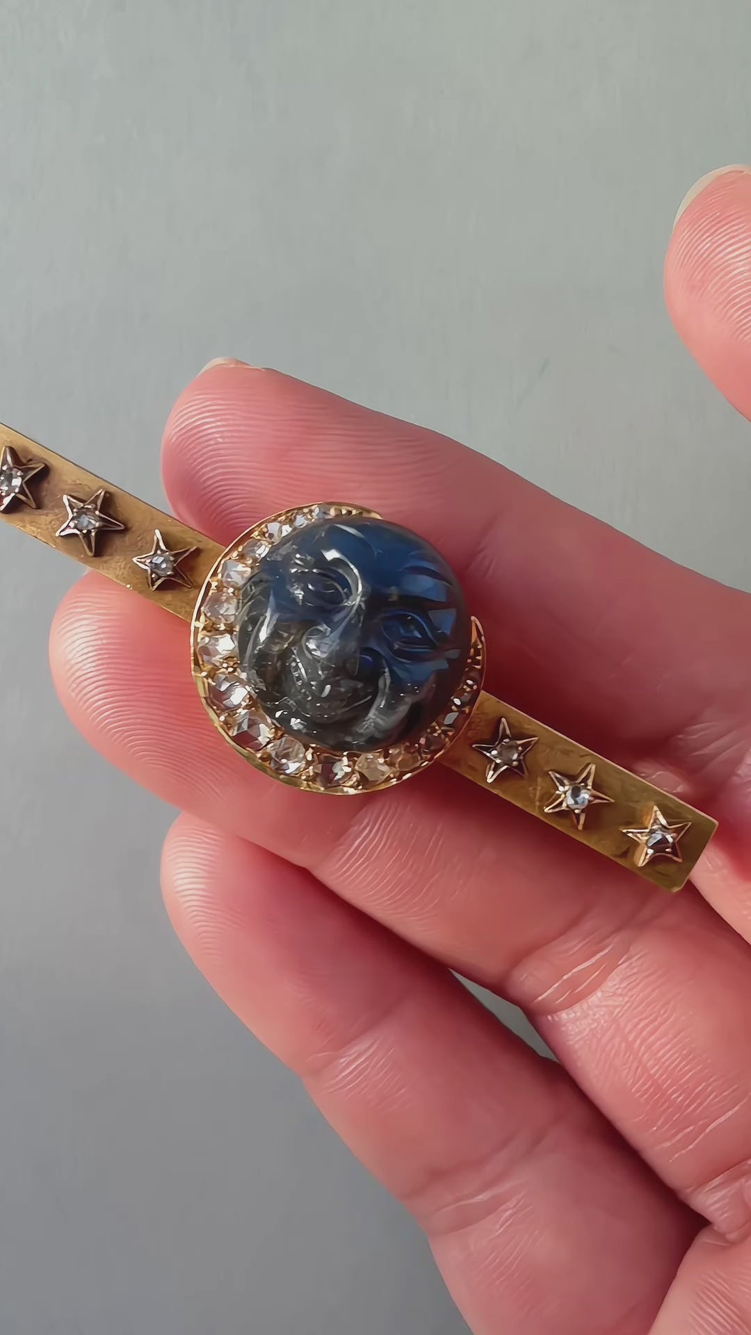 Antique 18K gold carved labradorite moon face brooch with diamond crescent