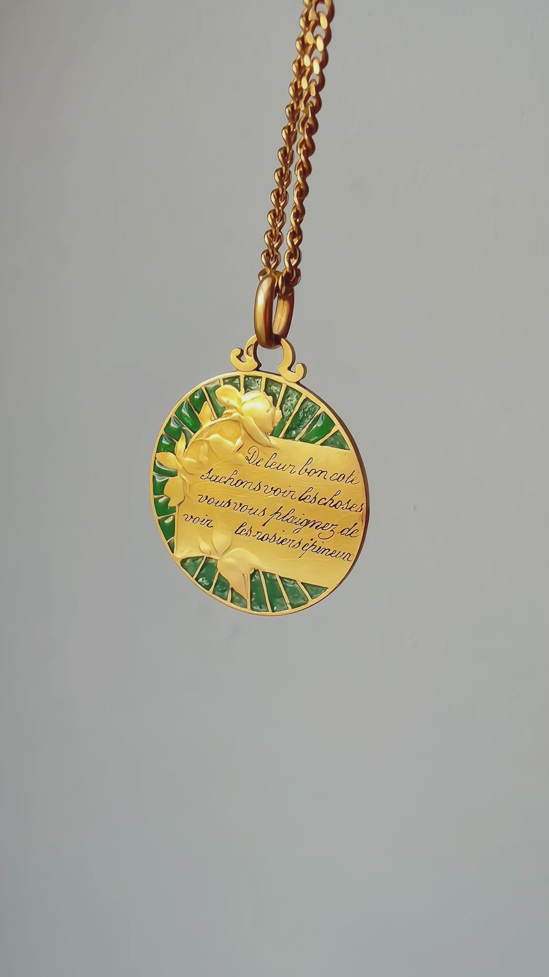 Rare French Art Nouveau 18K Gold Medal, verses from Alphonse Karr