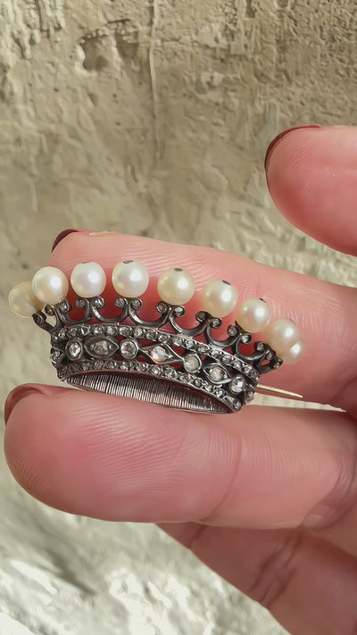 French antique 18K gold natural pearl count’s crown brooch