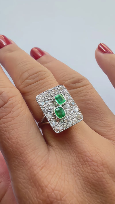 French Art Deco 18K gold Diamond & Emerald Ring