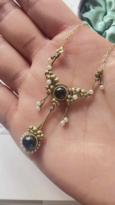 Art Nouveau 18K Gold Necklace with Sapphires, Diamonds & Natural Pearls