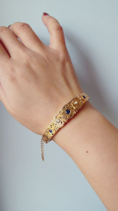 Art Nouveau era 18K gold sapphire pearl bracelet