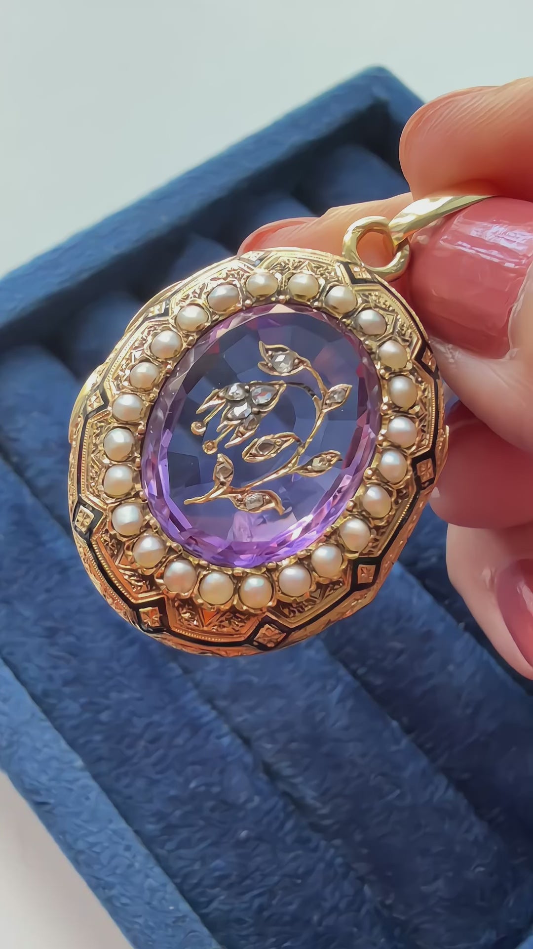 Victorian 18K gold amethyst diamond flower locket pendant