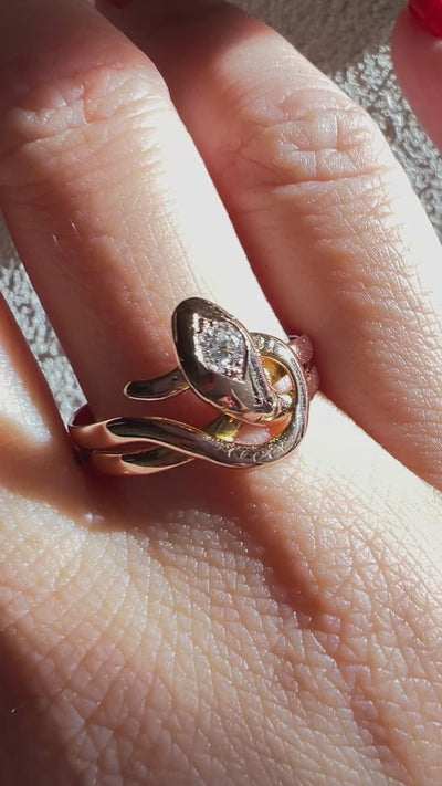 Antique French 18K gold diamond snake ring