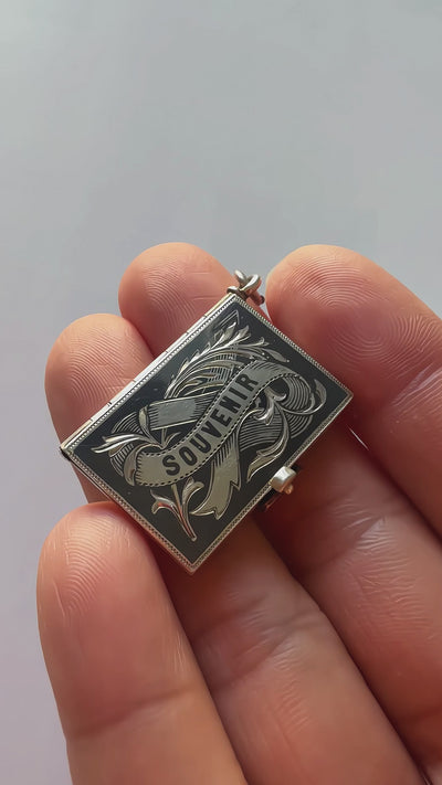 Antique Niello Silver “Souvenir” memory book locket pendant