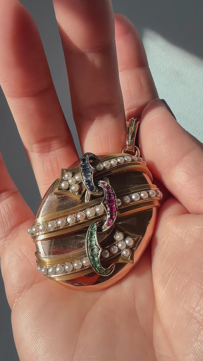 Victorian large 18K gold gemstone arrow locket pendant