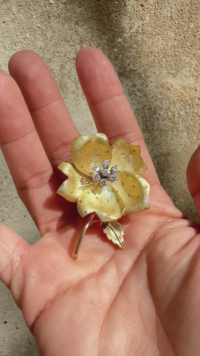 French 18K gold diamond rose flower brooch, by Chevrier Huot Didelot