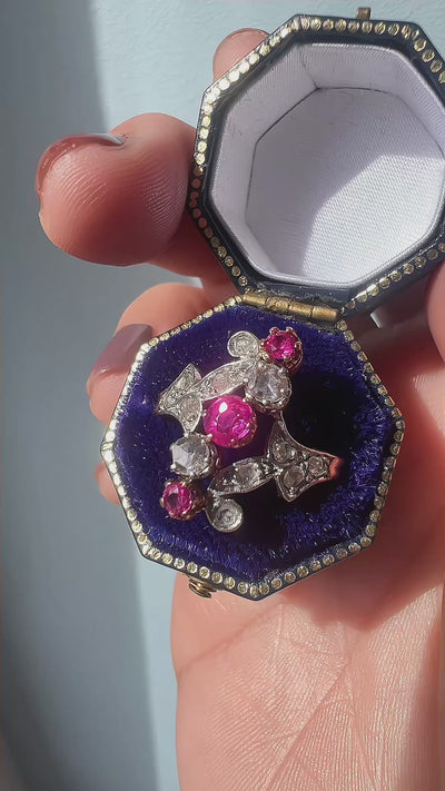 Victorian Era 18K Gold Ring with Pink Sapphires & Rose Cut Diamonds