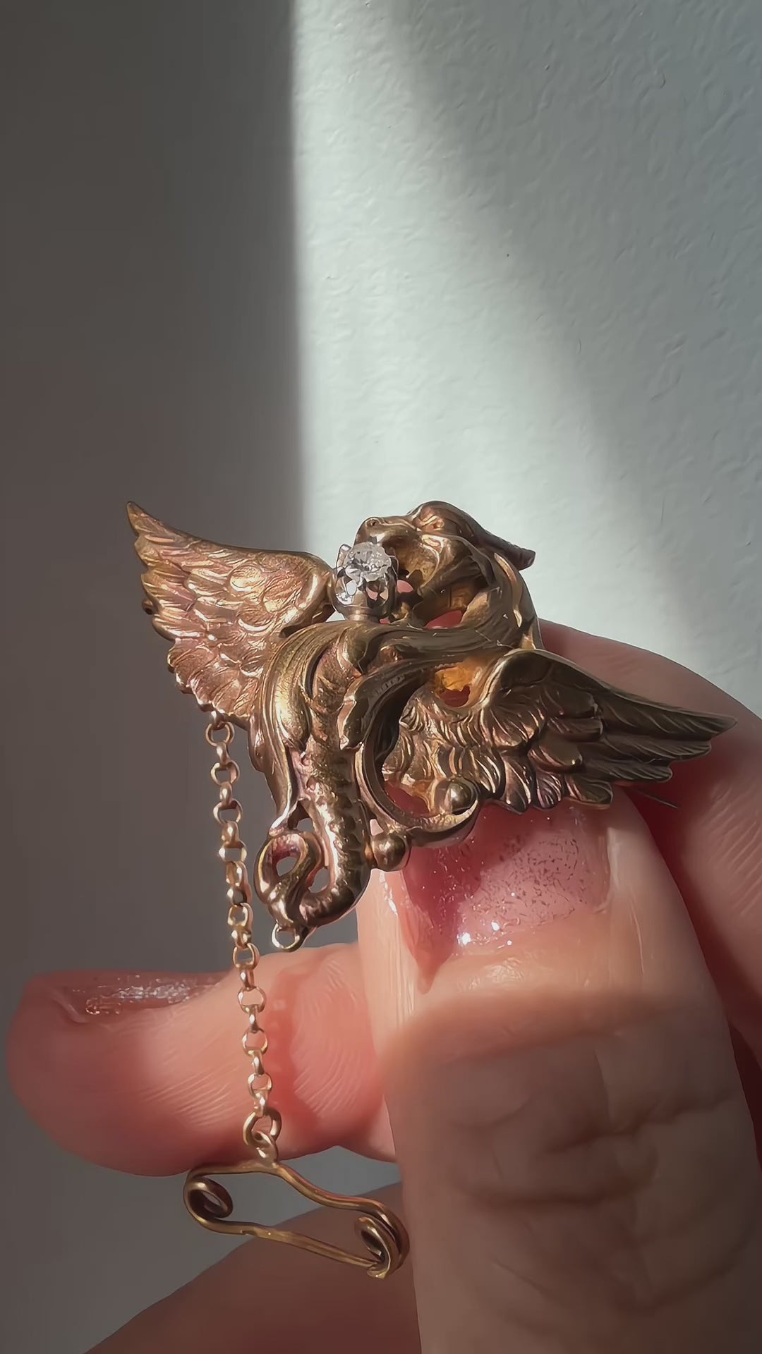 French antique Art Nouveau 18K gold diamond chimera pendant brooch 