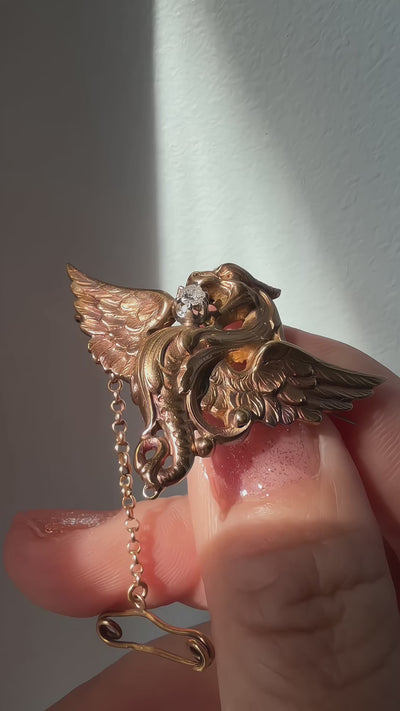 French antique Art Nouveau 18K gold diamond chimera pendant brooch 