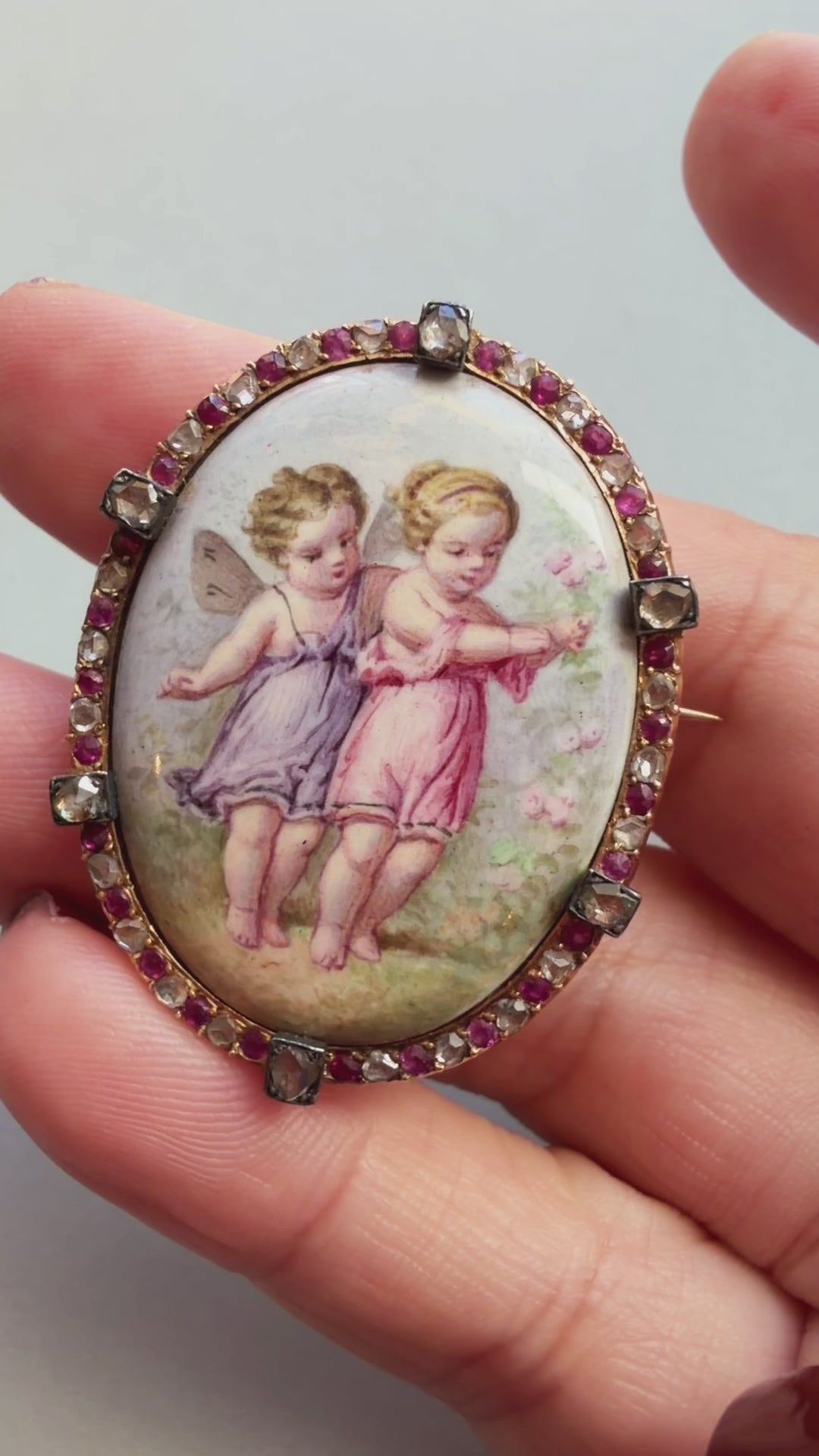 Victorian era 18K gold ruby diamond cherub miniature brooch