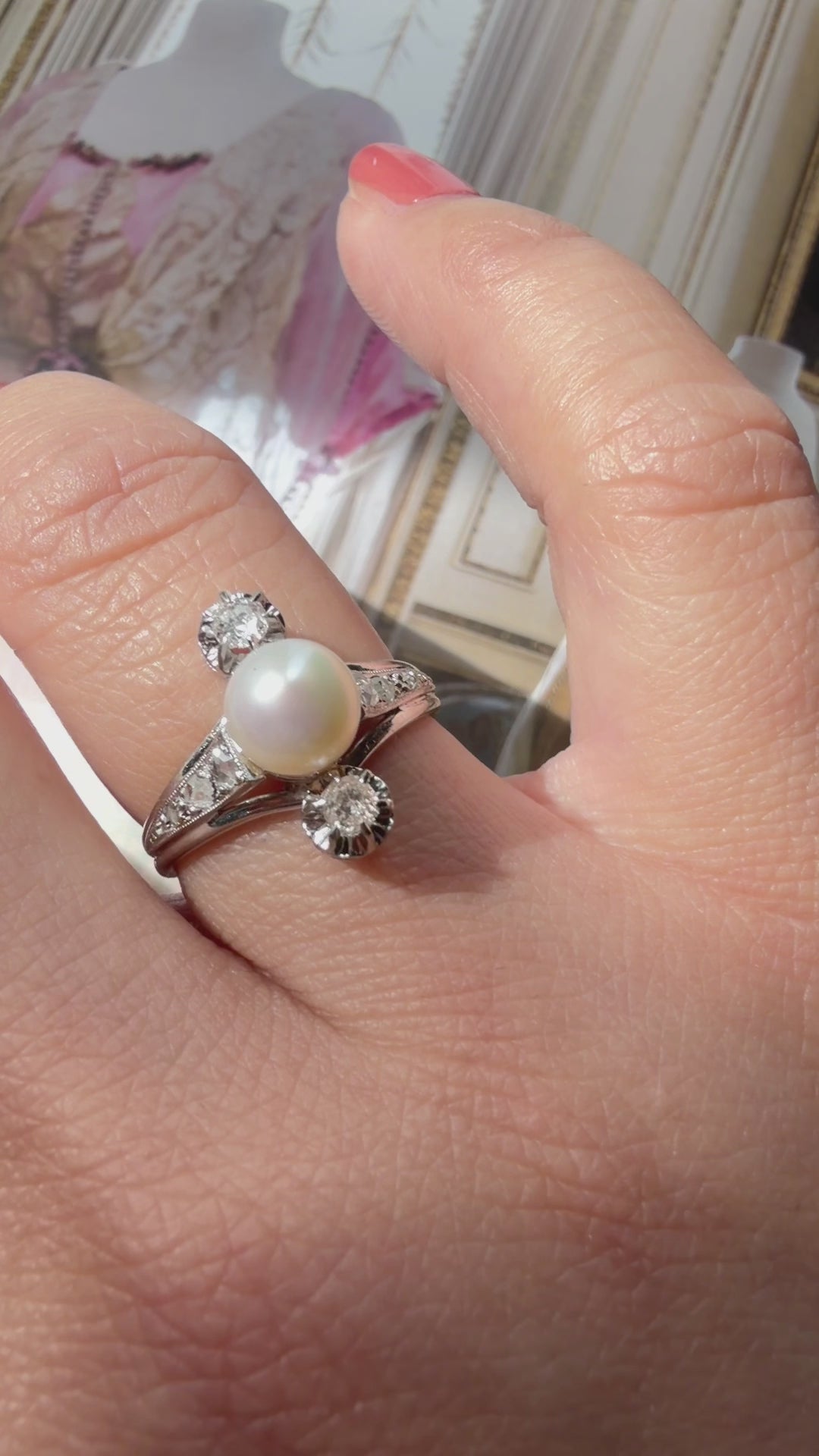 French vintage 18K white gold pearl diamond ring