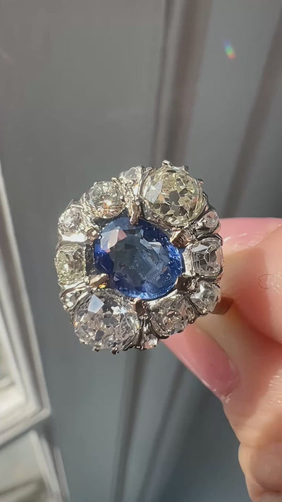 Antique LFG Certified Natural unheated Sapphire Diamond 18K White Gold Ring